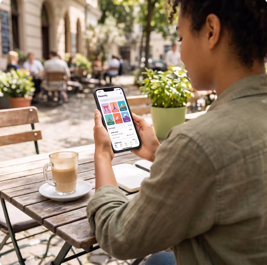 Traveller checking destinations on a phone at an outdoor cafe